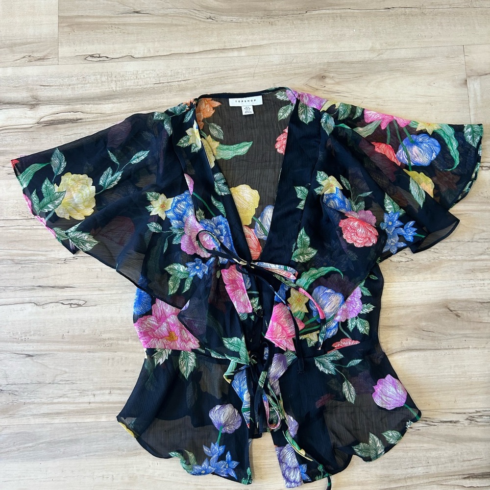 Topshop size 2 sheer black floral tie front blouse